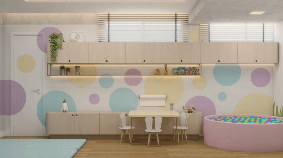Sala de terapia infantil da Clínica Afeto há com brinquedos educativos e mobiliário adaptado