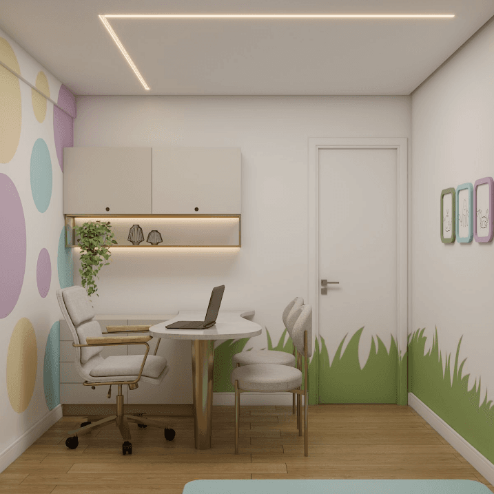Consultório de nutrição infantil da Clínica Afeto há, com mesa, cadeiras e ambiente iluminado