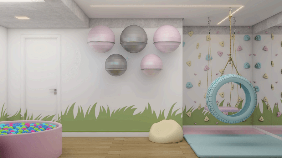 Sala de integração sensorial da Clínica Afeto há, com equipamentos coloridos de terapia ocupacional